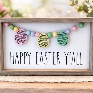 NEW Rae Dunn “Happy Easter Y’all” Wood Sign Easter Egg Bead Garland Farmhouse